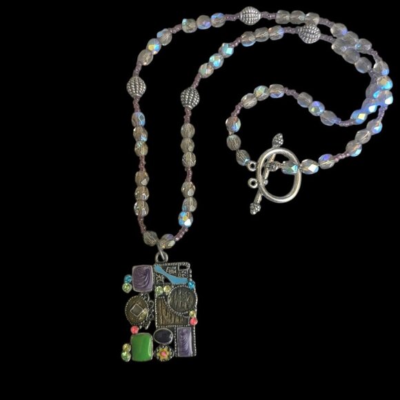 Micro Mosaic Y2K Enamel Steampunk Glass Beaded Necklace Boho Wearable Art Metal - Picture 1 of 10